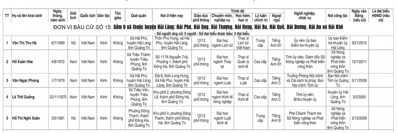 Tiểu sử tóm tắt những người ứng cử đại biểu HĐND tỉnh khóa VIII tại đơn vị bầu cử số 15