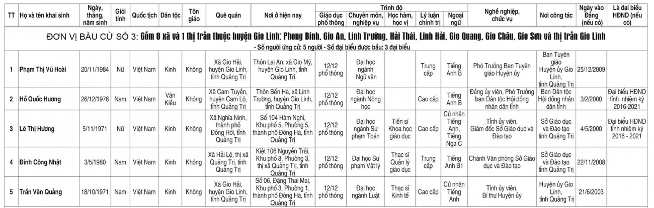 Tiểu sử tóm tắt những người ứng cử đại biểu HĐND tỉnh khóa VIII tại đơn vị bầu cử số 3